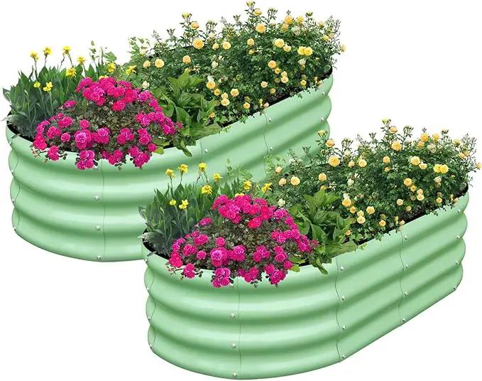SnugNiture Galvanized Raised Garden Bed Outdoor, 2 Pcs 4x2x1ft Oval Metal Planter Box for Planting Plants Vegetables, Green by GreenHaven Gardens