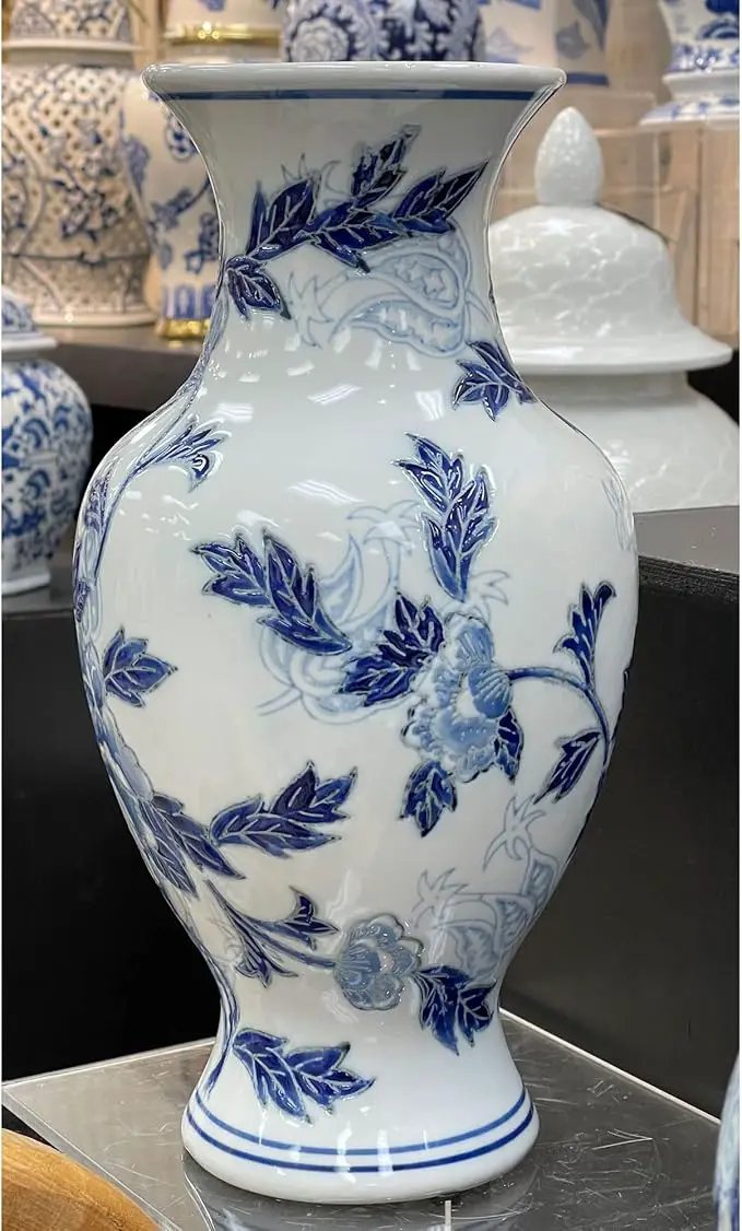 Galt International Blue and White Floral Chinoiserie Ceramic Vase 14" - Hand Painted Antique Style Porcelain Flower Bottle Fishtail Porcelain Chinese Vase for Home Decor Centerpiece by GreenHaven Gardens