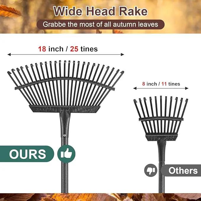 Metal Garden Rake, 5FT Rake for Leaves Lawns, 25 Metal Tines 18 inch Wide with Adjustable Handle Heavy Duty Yard Leaf Rakes for Gardening by GreenHaven Gardens