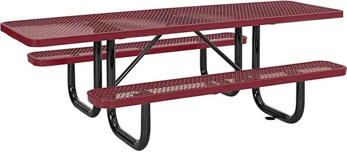 Global Industrial 8'L Rectangular Picnic Table, ADA Compliant, Expanded Metal, Red Thermoplastic Coating, Attached Benches, 1-1/2” Umbrella Pole Hole, Outdoor-Rated by GreenHaven Gardens