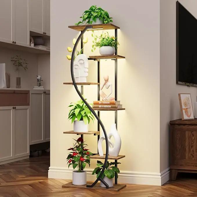 59" Tall Plant Stand with Grow Light Indoor, 7 Tiered Metal Plant Shelf, S-Shaped Flower Display Stand, Corner Storage Shelf for Living Room, Patio, Balcony Decor by GreenHaven Gardens