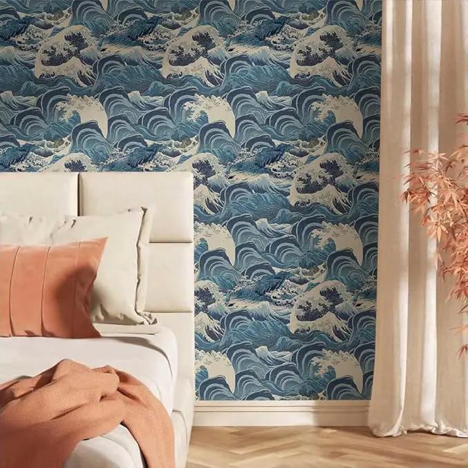 Hand Drawn Blue Sea Wave Reef Peel and Stick Wallpaper Self Adhesive Removable Easy Peel Off Stick on Wall Paper for Bedroom Cabinet Renter Friendly by GreenHaven Gardens