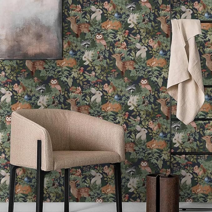 Green Plants Leaf Animal Forest Deer Rabbits Squirrel Owl Peel and Stick Wallpaper Self Adhesive Removable Easy Peel Off Contact Stick on Wall Paper for Bedroom Cabinet Renter Friendly by GreenHaven Gardens