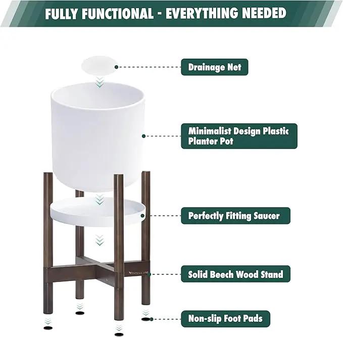 D'vine Dev Planter Pot with Stand - 10 Inch Plastic Cylinder Flower Pot with Wood Planter Holder for Indoor, Matte White Pot + Walnut Color Stand, 55-C-L-1 by GreenHaven Gardens