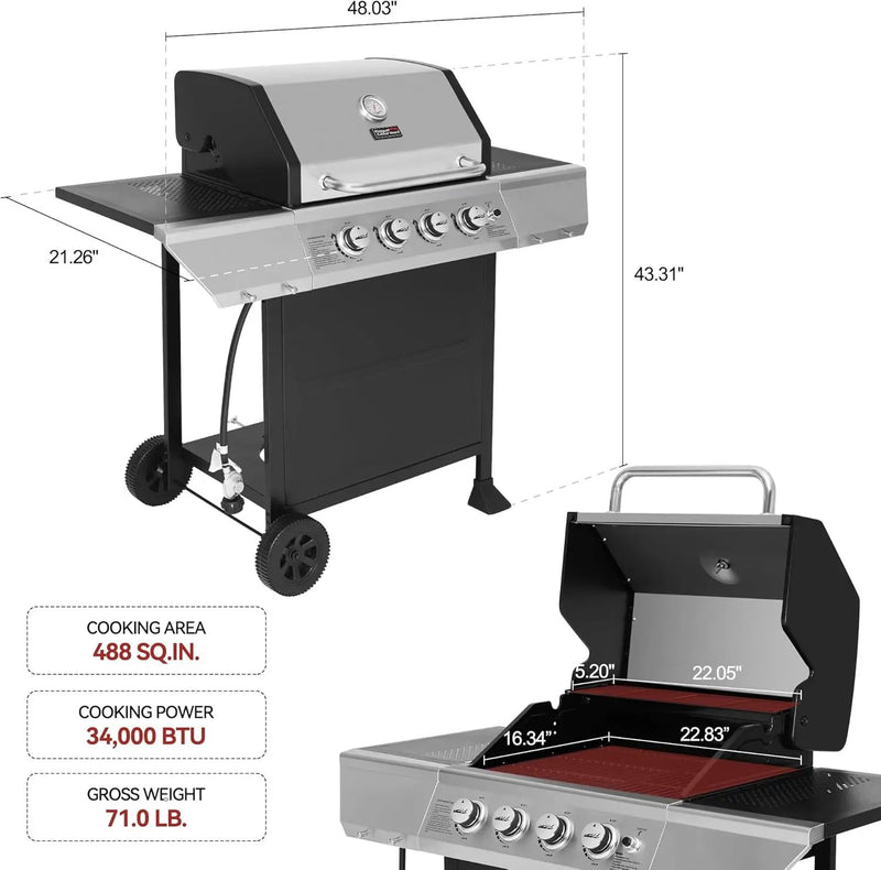 Royal Gourmet 4-Burner Propane Gas Grill with Warming Rack, Outdoor BBQ Grill with 34,000 BTUs Output for Patio Garden Barbecue Grilling, Black & Silver by GreenHaven Gardens