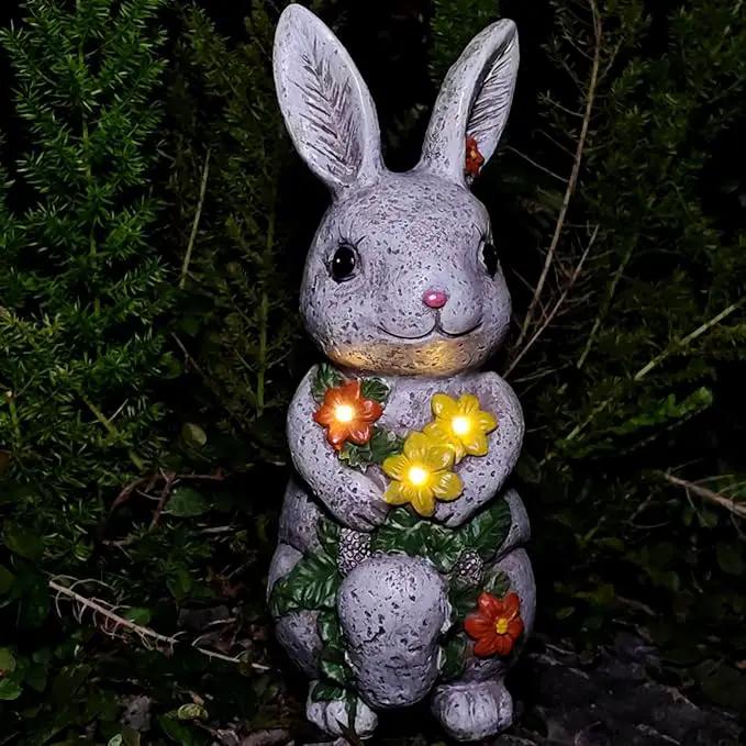 Solar Easter Rabbit Statue - Rock-Like Design with Flower Lamp Beads Woman Gifts Resin Easter Bunny Sculpture for Indoor and Outdoor Statue Decor, Garden Decoration by GreenHaven Gardens