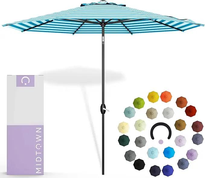 Midtown Umbrellas The Lean 8 Feet Outdoor Umbrella With Terylast Cobalt Stripes (Blue/White Stripes) Polyester Fabric - Auto-Tilt Aluminum Frame Patio Umbrella For Deck, Garden, Pool - Black Pole by GreenHaven Gardens