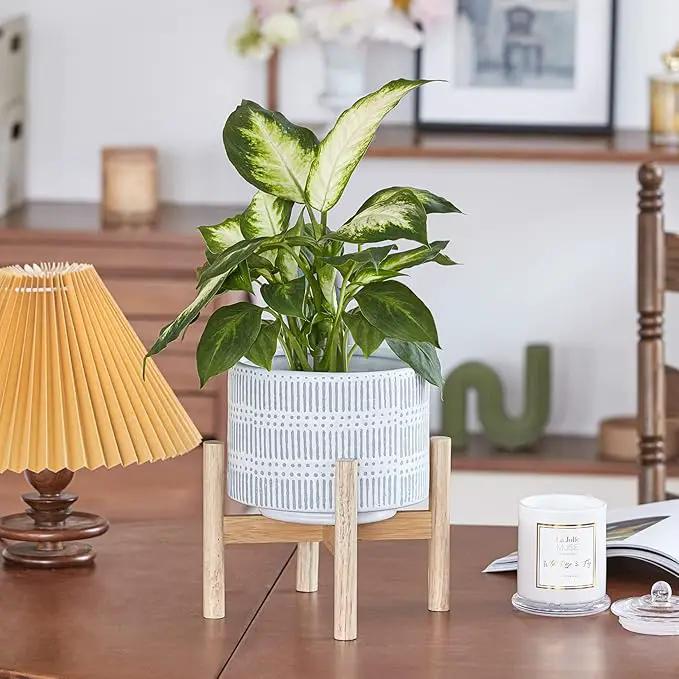 LA JOLIE MUSE Ceramic Plant Pot with Wood Stand - 7.3 Inch Modern Round Decorative Flower Pot Indoor with Wood Planter Holder, Slate Blue and White by GreenHaven Gardens