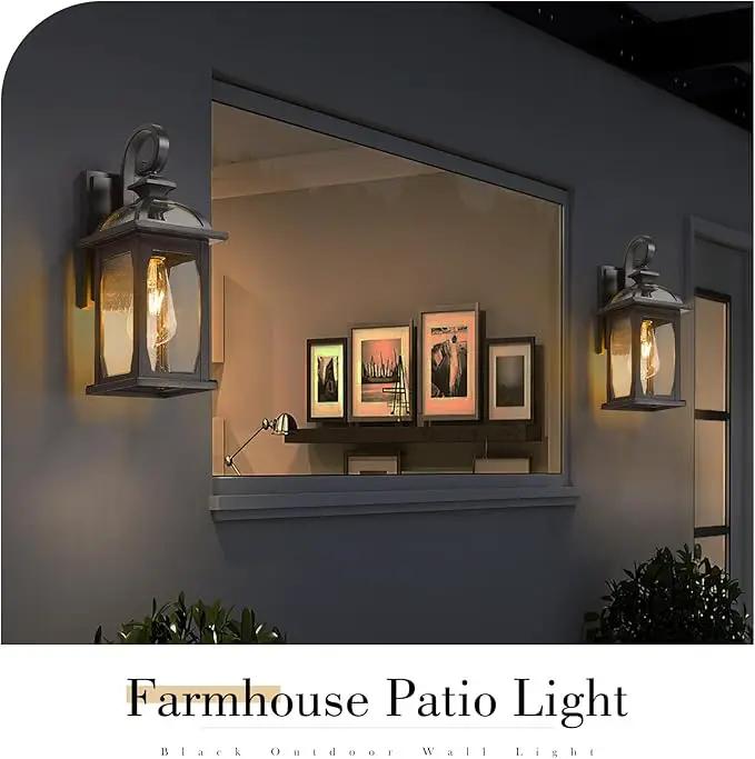 zeyu Outdoor Porch Light Wall Light Fixture, 15 Inch Exterior Wall Lighting for House, Die-Cast Aluminum with Seeded Glass, Black Finish, ZD100B BK by GreenHaven Gardens