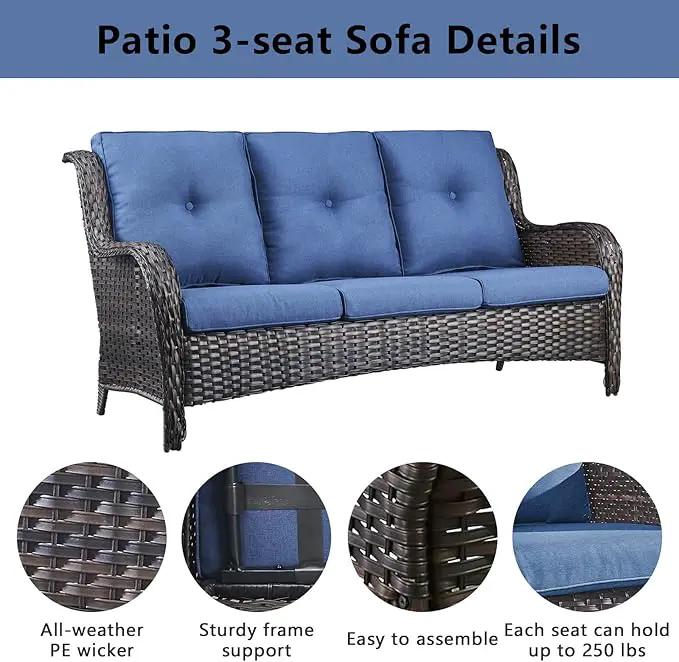 Wicker Patio Furniture Sets - 13 Piece Outdoor Rattan Furniture Conversation Sets with 4 Swivel Rocker Chairs, 2 Rattan Sofas, Wicker Ottomans and Coffee Table, Brown/Blue by GreenHaven Gardens