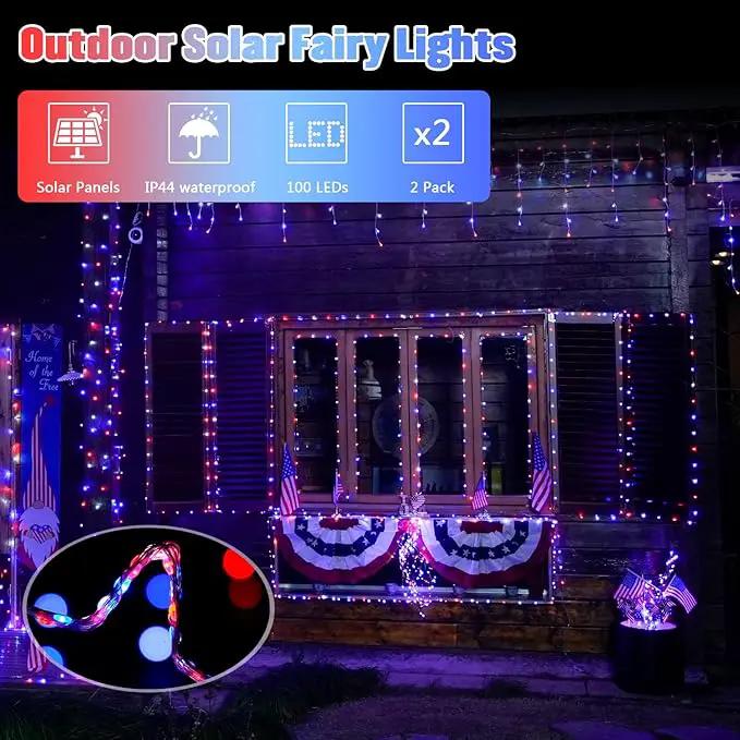 JMEXSUSS 2 Pack Red White and Blue Solar Lights, Each 100 LED 33FT Solar Fairy Lights Outdoor Waterproof, 4th of July Solar String Lights for Independence Day Outside Decorations by GreenHaven Gardens