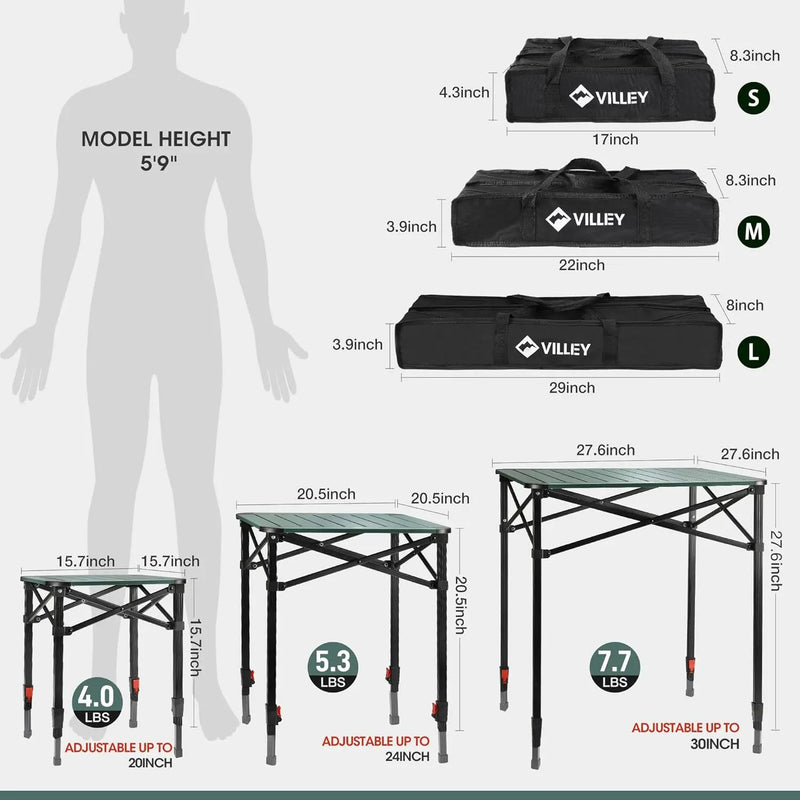 VILLEY Folding Camping Square Table with Carry Bag, Lightweight Aluminum Adjustable Square Table for Outdoor, Camping, Picnic, Backyards, BBQ (M) by GreenHaven Gardens