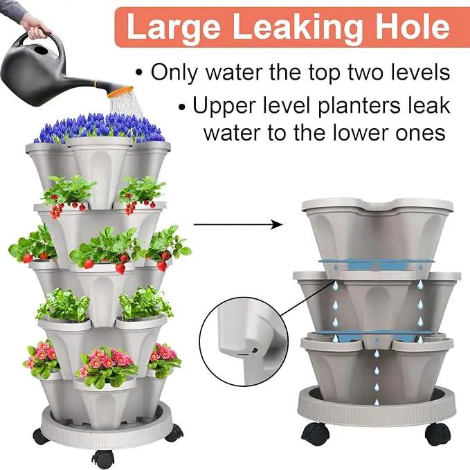 Vertical Planter 5 Tier Stackable Planters Garden Planters Strawberry Herb Flower and Vegetable Planter Indoor Outdoor Gardening Pots with Removable Wheels and Tools 2-Pack by GreenHaven Gardens