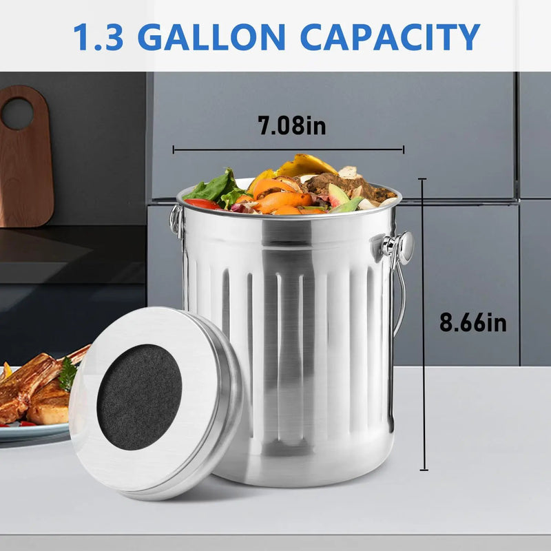 ENLOY Compost Bin for Kitchen Countertop, 1.3 Gallon Stainless Steel Indoor Compost Bucket for Kitchen Countertop Odorless Compost Pail for Kitchen Food Waste with Carrying Handle Easy to Clean by GreenHaven Gardens