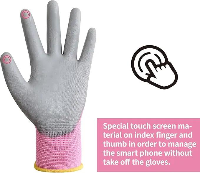 DULFINE Work Gloves for Men PU Coated 12 Pairs Bulk Pack,Pink Seamless Knit Glove with thin Polyurethane,Two Finger Touchscreen, for Men and Women, Ideal for Light Duty Work. (Large) by GreenHaven Gardens