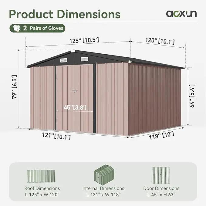 Aoxun 10x10 FT Outdoor Storage Shed Garden Metal Shed with Lockable Door Outdoor Large Shed for Tool, Garbage Can, Bike, Mower, Brown by GreenHaven Gardens