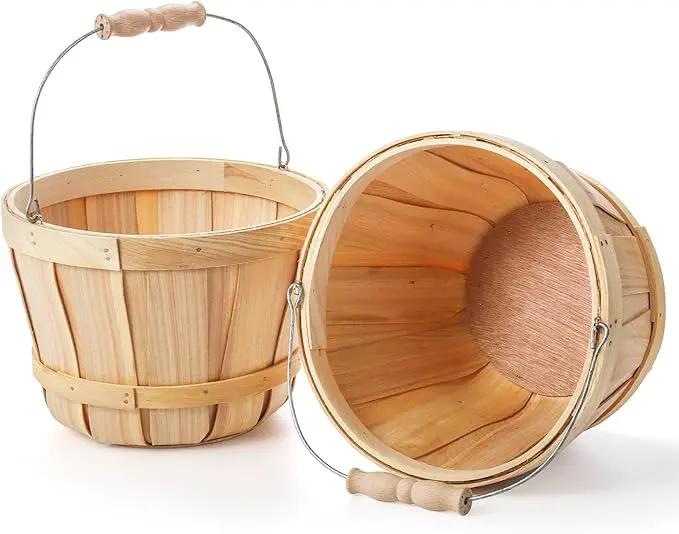 Okllen 2 Pack Round Wooden Baskets with Handle, Empty Wood Fruit Buckets, Easter Basket Fall Harvest Basket for Display Fruits Vegetables, Home Garden and Party Supplies, Natural Color by GreenHaven Gardens