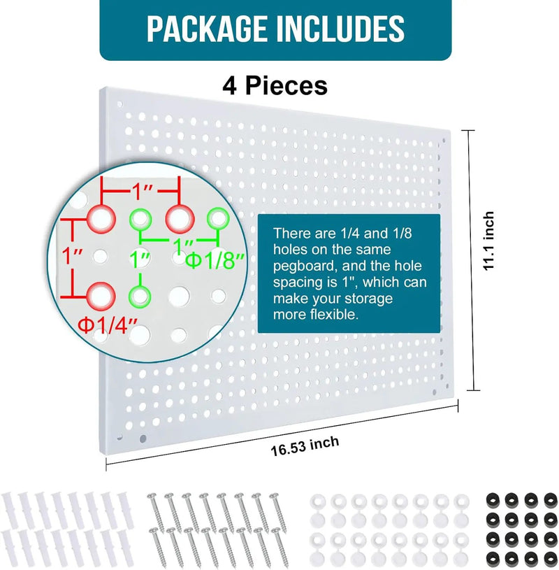 Peg Board, Heavy Duty Steel Organization Panels, Universal 1/8 and 1/4 Peg Board Accessories, Ideal for Garage Tool Storage, Pack of 4(White, 16X10.5) by GreenHaven Gardens