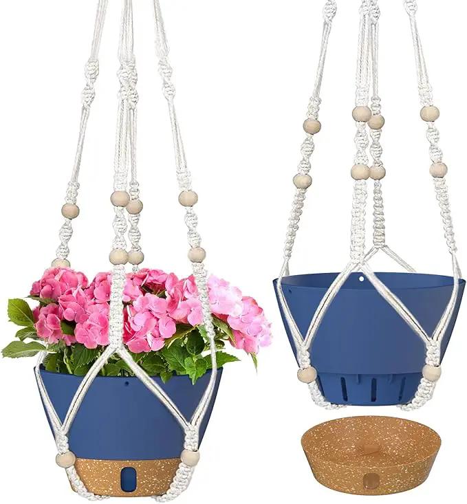 ZMTECH 2 Pack 8 Inch Blue Hanging Planters with Macrame Plant Hanger for Indoor and Outdoor Plants, Self Watering, Drainage Hole, Visible Level Tray by GreenHaven Gardens