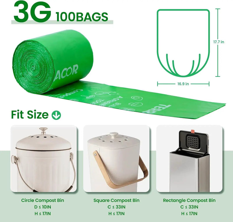 3 Gallon Compostable Trash Bags, 100 Bags Compost Bags for Countertop Bin, BPI Certified and Meet The ASTM D6400 Standard by GreenHaven Gardens