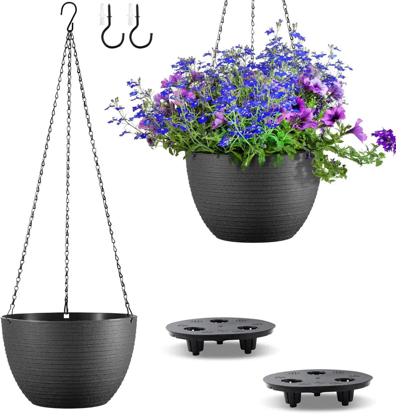 Hanging Planters for Indoor Outdoor Plants, Set of 2 Self Watering Hanging Pots with Drainage Hole & Plug and 20" Chain & Hooks by GreenHaven Gardens