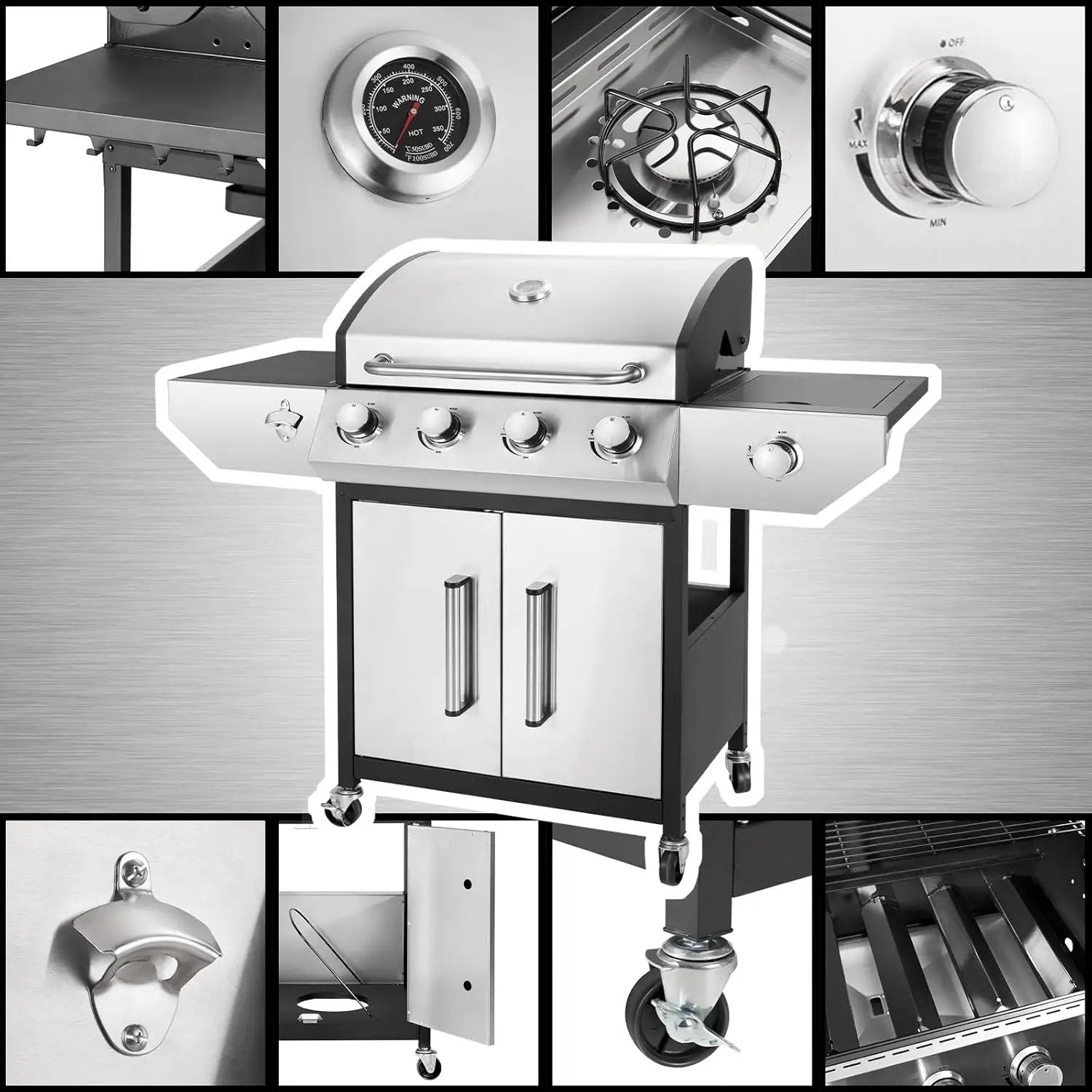4-Burner Propane Gas BBQ Grill with Side Burner, Barbecue Gas Grill with Enameled Cast Iron Grates for Outdoor Patio Garden Barbecue, 53,000 BTU, Stainless Steel Grill Cover included by GreenHaven Gardens