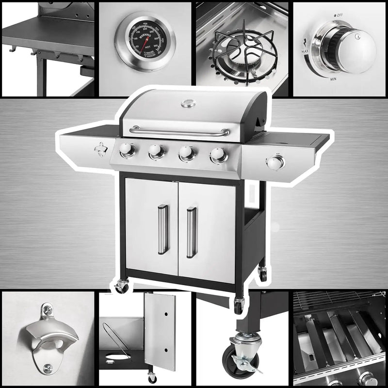 4-Burner Propane Gas BBQ Grill with Side Burner, Barbecue Gas Grill with Enameled Cast Iron Grates for Outdoor Patio Garden Barbecue, 53,000 BTU, Stainless Steel Grill Cover included by GreenHaven Gardens