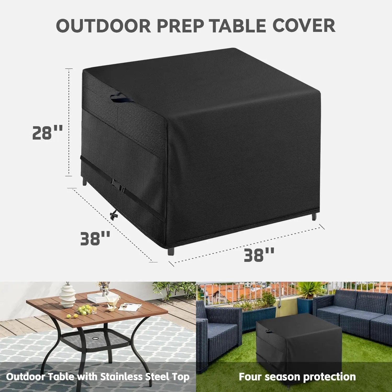 Outdoor Patio Square Table Cover 38 inch Black Heavy Duty Waterproof Cover for Square Slatted Tabletop by GreenHaven Gardens