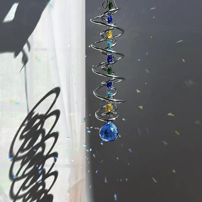 FONMY Gazing Ball Spiral Tail -Decorative Wind Spinner Sun Catcher Rainbow Maker Double-Spiral W/Sea Blue Crystal Ball and Chain Crystals for Indoor Outdoor Garden Decoration -14 inch Height by GreenHaven Gardens