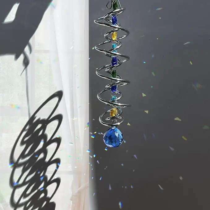 FONMY Gazing Ball Spiral Tail -Decorative Wind Spinner Sun Catcher Rainbow Maker Double-Spiral W/Sea Blue Crystal Ball and Chain Crystals for Indoor Outdoor Garden Decoration -14 inch Height by GreenHaven Gardens