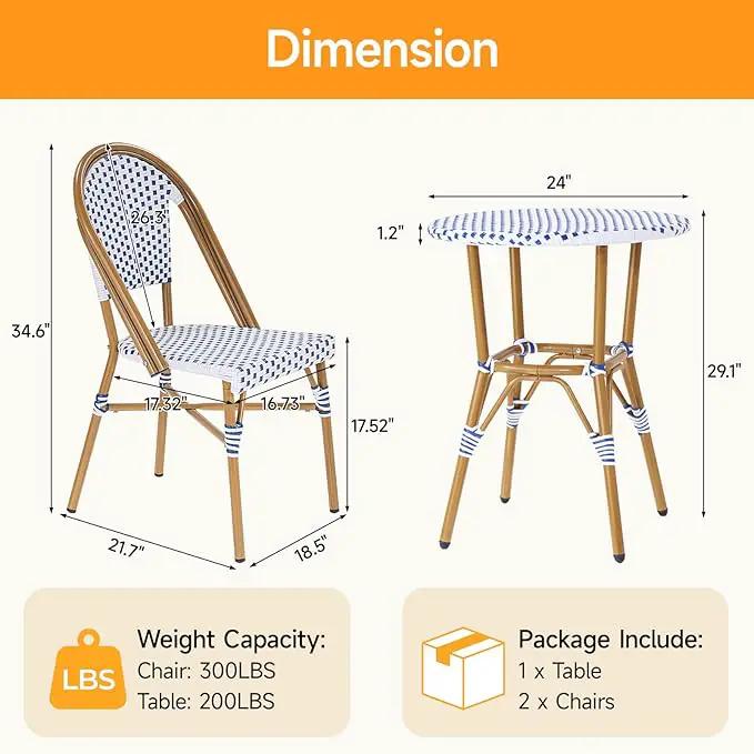3 Piece French Wicker Bistro Set, Patio Bistro Set with Table and 2 Dining Chairs, All Weather ‎Outdoor ‎Bistro Set with Aluminum Frame, Outdoor Patio Set for Patio Porch Cafes Yard, Navy and White by GreenHaven Gardens