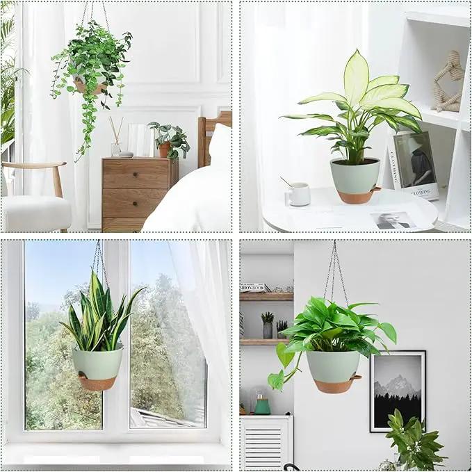 Hanging Planters for Indoor Outdoor Plants, 2 Pack Self Watering Hanging Pot with Drainage Holes & Removable Tray (Green, 6'') by GreenHaven Gardens