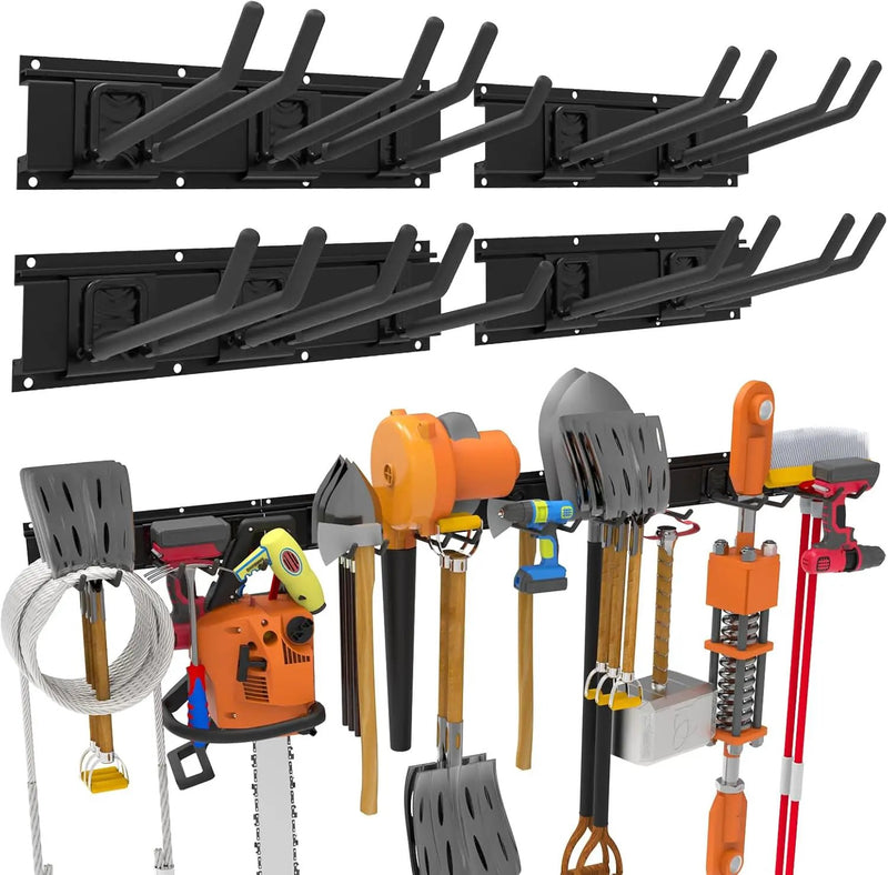 Wall-Mounted Garage Tool Organizer: 64 Inch Heavy-Duty Garden Rack & Wall Storage System - 4 Rails 10 Non-Slip Hooks for Folding Chairs, Ladders & DIY Tools by GreenHaven Gardens