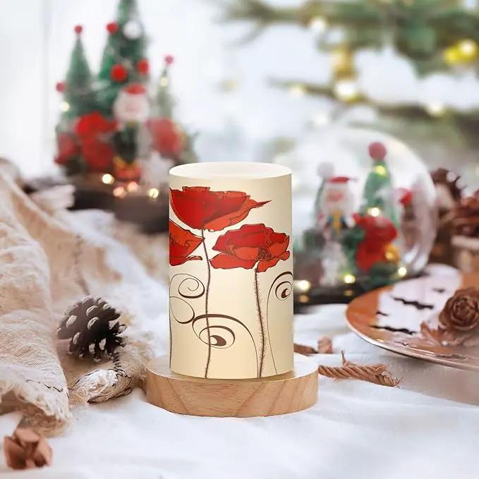 Flickering Flameless Candles, Red Poppy Flowers Retro LED Candles with Remote Timer, Set of 2 Battery Operated Candle for Valentine Wedding Birthday by GreenHaven Gardens
