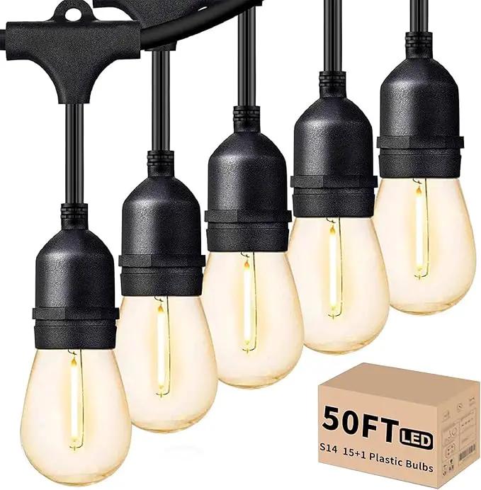 Svater Outdoor Led String Lights 50FT, Patio Lights with 16pcs S14 Shatterproof Bulbs, 1 Watt E26 Dimmable 2700K Warm White, IP65 Waterproof, Commercial Grade Light by GreenHaven Gardens