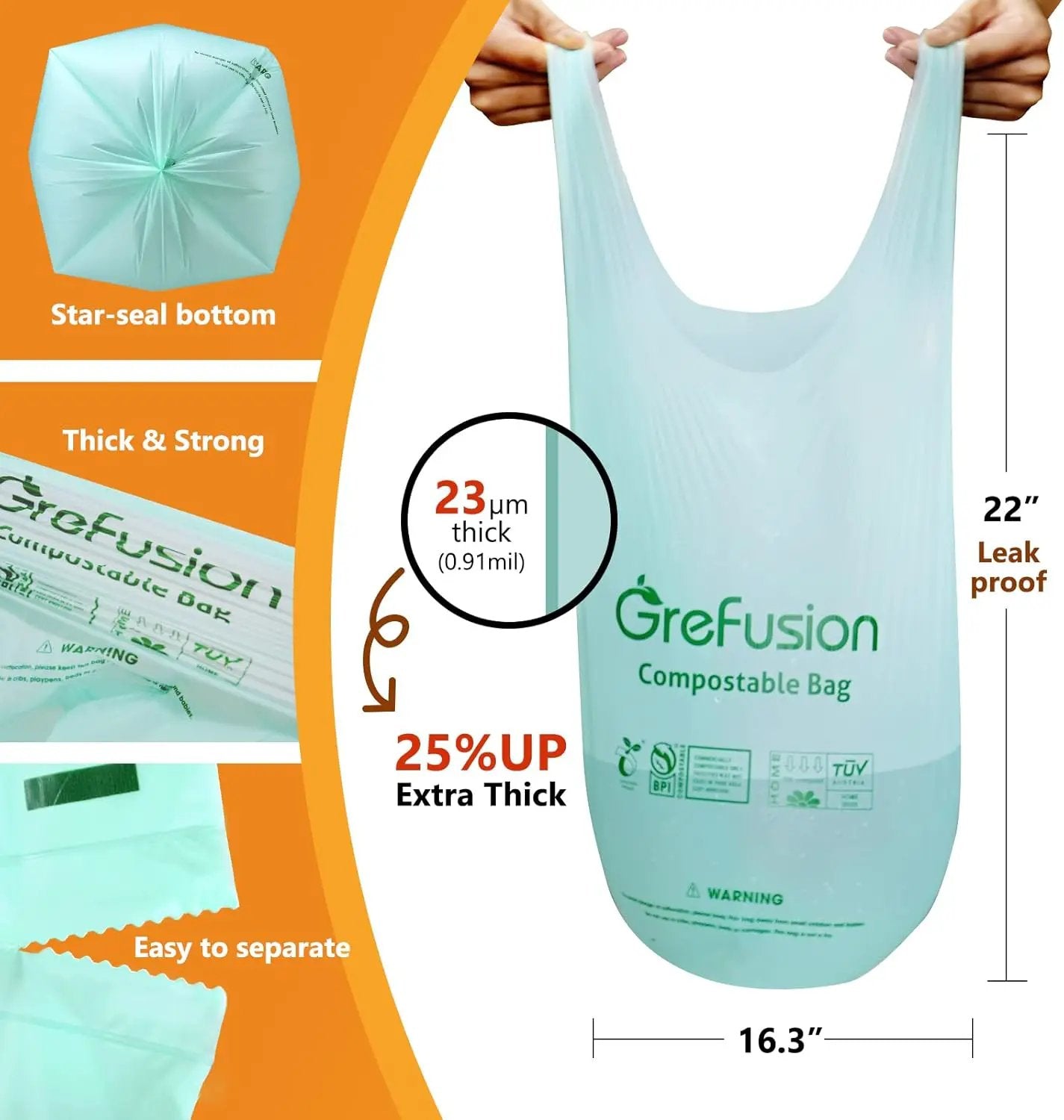 Compostable Trash Bags with handle-tie,Garbage Bags, 2.6 Gallon,Food Waste Bags,Small trash bags for compost bin kitchen,Certified by BPI and OK Compost (2.6G-50count) by GreenHaven Gardens