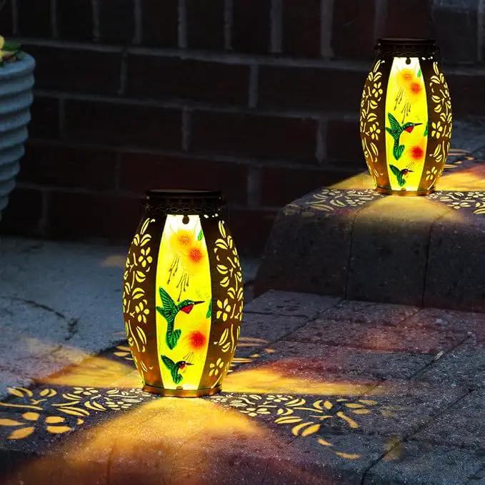 Hummingbird Solar Lanterns Outdoor Waterproof,Stained Glass & Metal Solar Lantern,Hanging Solar Lantern with Hollowed-Out Design,Hummingbird Tabletop Lamp Solar Lights for Yard Garden Patio by GreenHaven Gardens