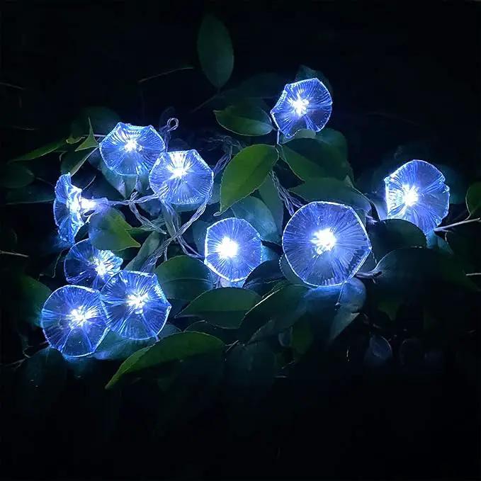 Solar Petunia Blue Morning Glory Flowers and Solar Hawaiian Frangipani Flower String Lights Tropical Flowers by GreenHaven Gardens