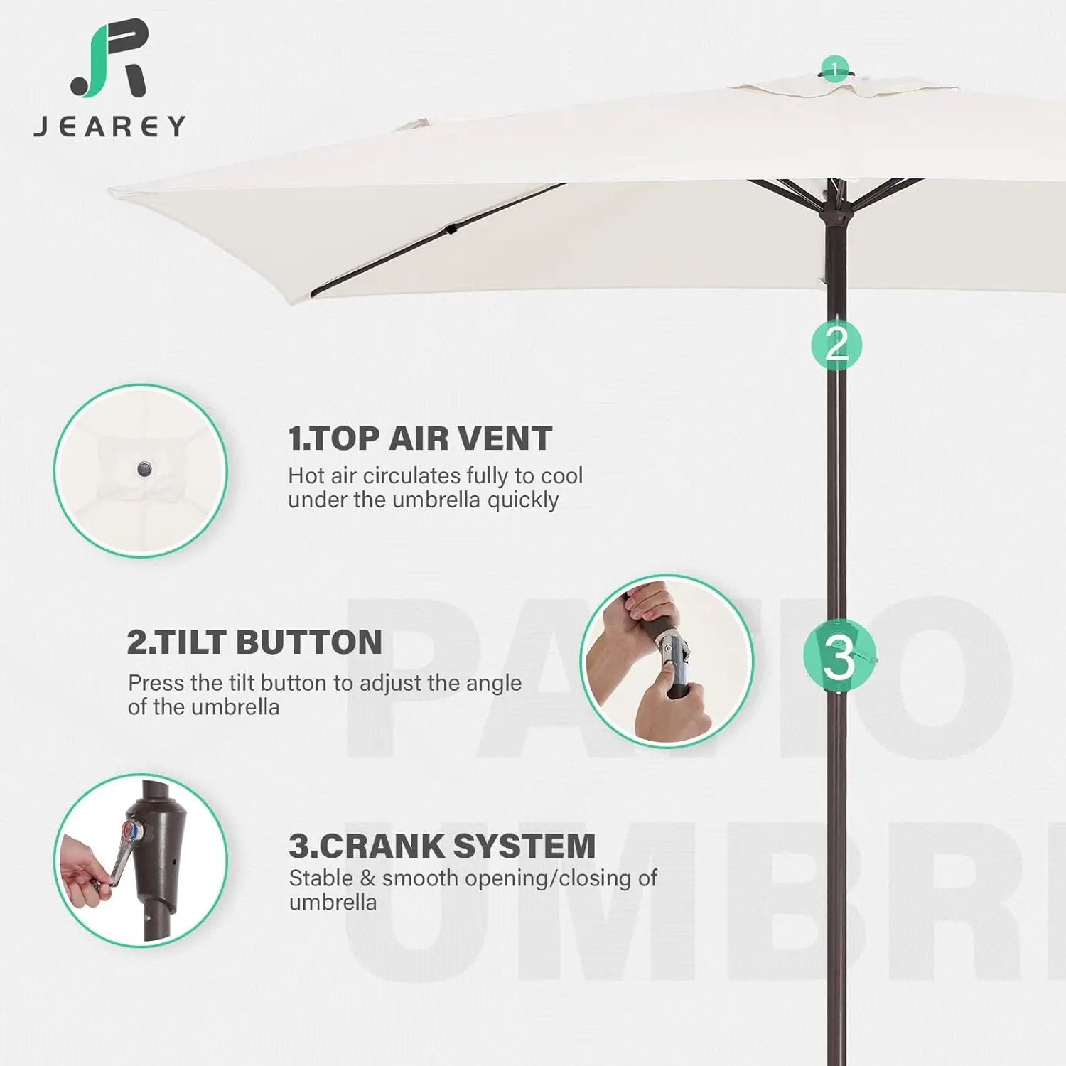 JEAREY 6.5x10 ft Rectangular Patio Umbrellas Outdoor Market Umbrella with Push Button Tilt and Crank, Rectangle Table Umbrella 6 Sturdy Ribs UV Protection for Pool Garden Backyard Deck, Cream-White by GreenHaven Gardens