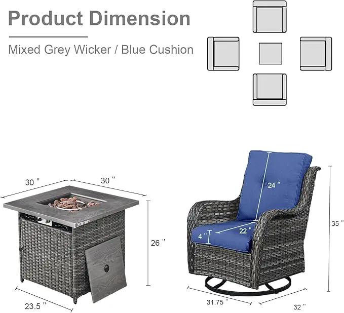 5 Pieces Patio Wicker Furniture Set - 4 Outdoor Swivel Rocker Glider Chairs with Propane Fire Pit Table, Patio Conversation Set Blue Cushion Perfect for Casual Gathering by GreenHaven Gardens