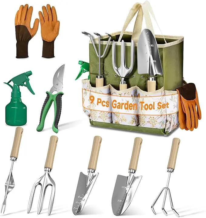 LASZOLA 9 Pcs Garden Tools Set with Tote Bag and Hand Trowel Rake Shovel, Heavy Duty Stainless Steel Gardening Kit for Outdoor Plant, Standable Portable Handbag Organizer, Ideal for Women Mom, Green by GreenHaven Gardens