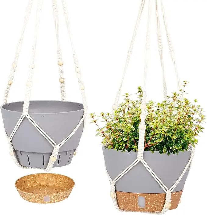 QCQHDU 2 Pack Hanging Planters for Indoor Plants, Outdoor Hanging Baskets, Self Watering Pots with Drainage Holes & Removable Tray (Light Grey, 10 inch, Macrame Hanger) by GreenHaven Gardens