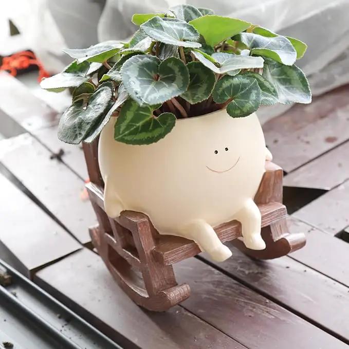 Smily Face Planter Pot Cute Resin Flower Head Planters for Indoor Outdoor Plants Unique Sitting Rocking Chairs Succulent Pots for String of Pearls Plant Live Gift Ideals with Drainage Hole by GreenHaven Gardens