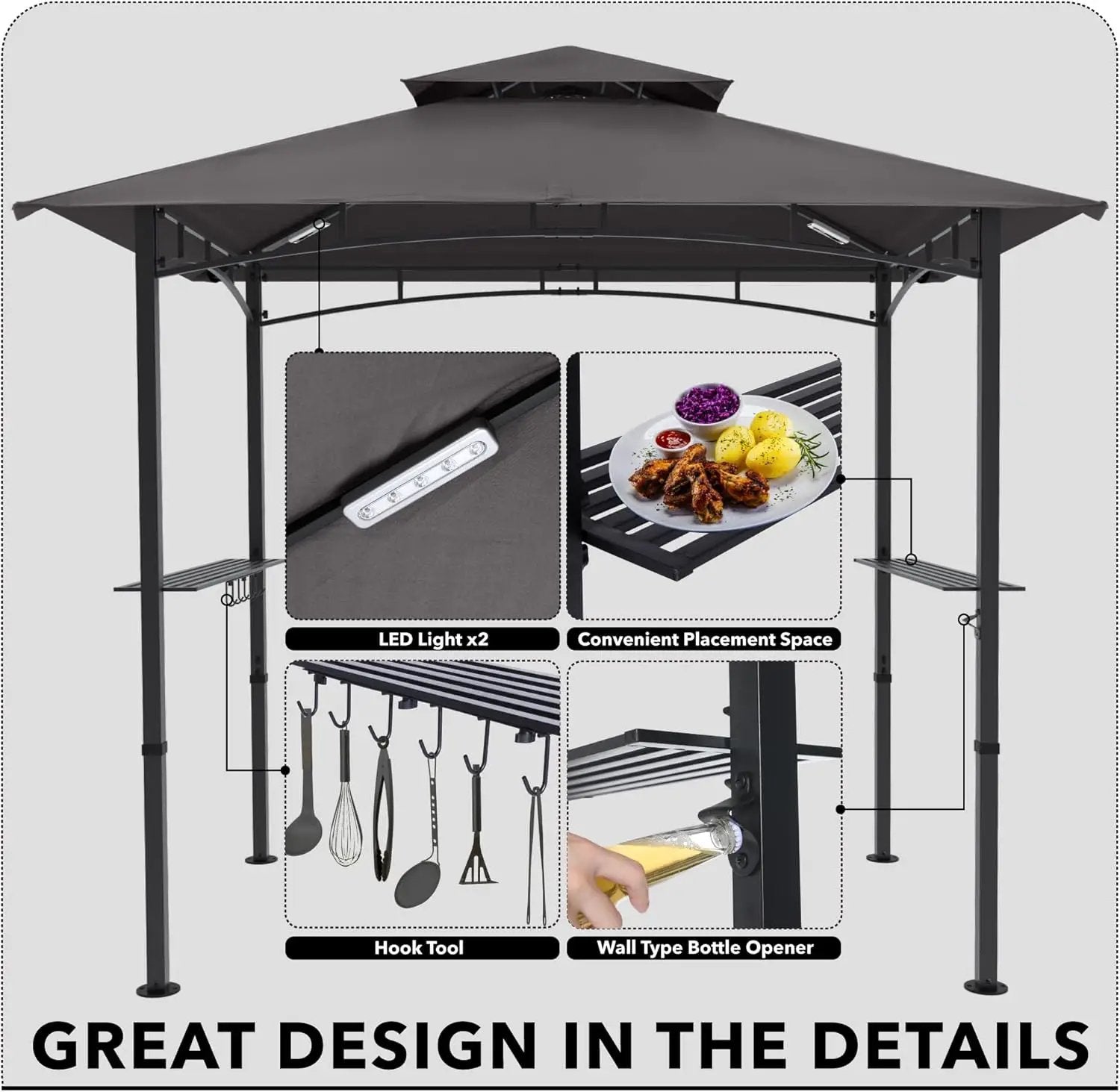 MASTERCANOPY 8 x 5 Grill Gazebo Outdoor BBQ Gazebo Canopy with 2 LED Lights (Gray) by GreenHaven Gardens