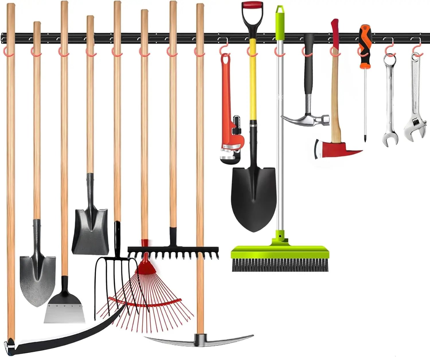 WALMANN All Metal 64 Inch Wall Mount Garden Tool Organizer for Garage, Mop and Broom Holder, Yard Tool Storage Rack for Rake, Shovel, Spade, Mop, Broom(4 Rails, 16 Hooks) by GreenHaven Gardens