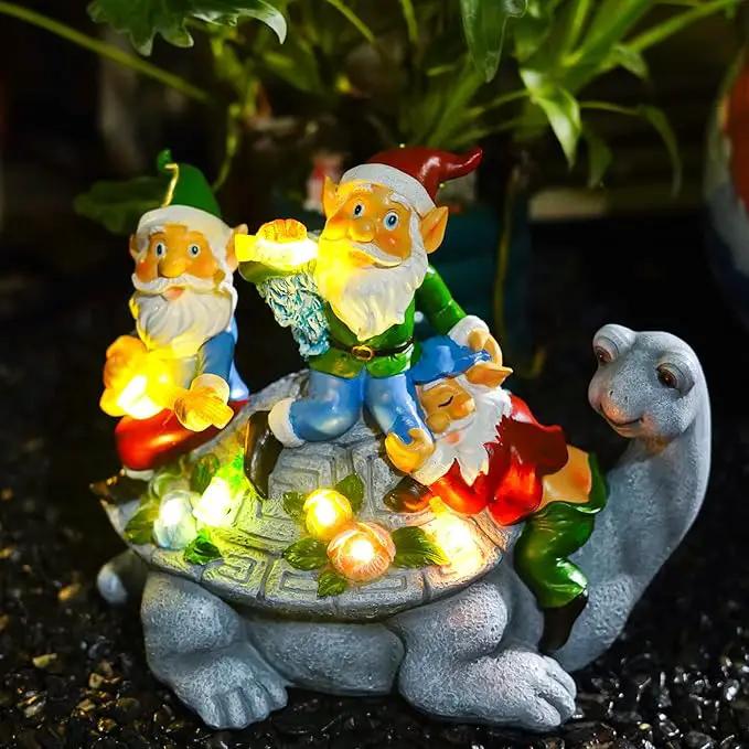 Upgraded Size Solar Garden Outdoor Statues Three Gnomes having party on turtle with 7 LED Solar Figurine for Lawn,Patio,Balcony,Yard Decor Unique Housewarming Gift, for grandfather, Father,Grandma,Wen by GreenHaven Gardens