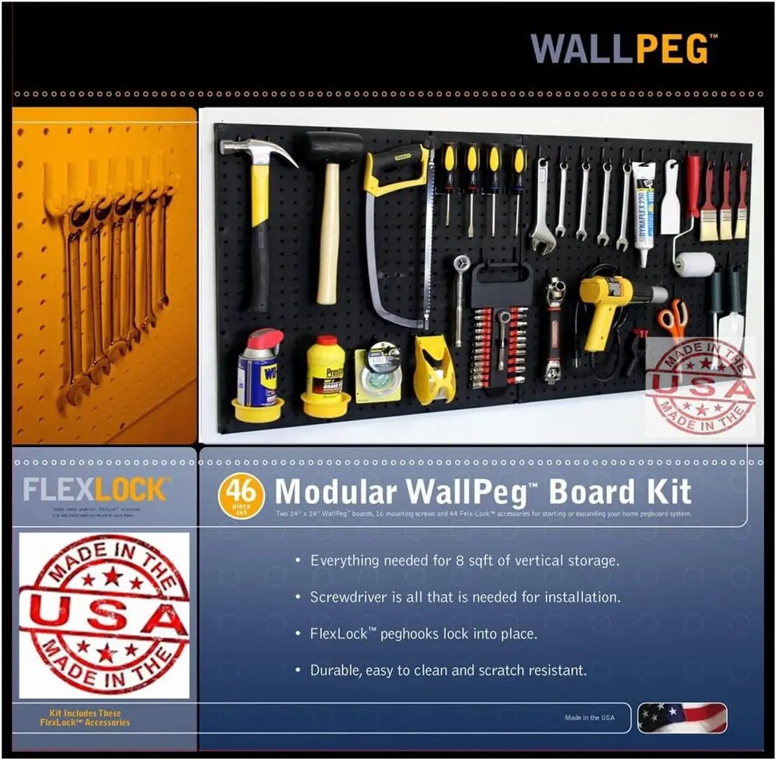 WallPeg 24" x 48" Garage Pegboard Kit (PK-3-B) with Peg Board Panels, Hooks for Tool Organizer, Garage Storage by GreenHaven Gardens