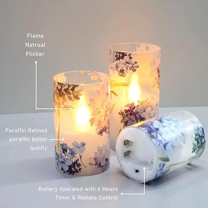 Floral Flameless Candles Decorative Battery Operated with Remote Hydrangea Flowers Romantic Lovers Flickering Pillar Candles for Wedding Tray Centerpiece Home Decor by GreenHaven Gardens