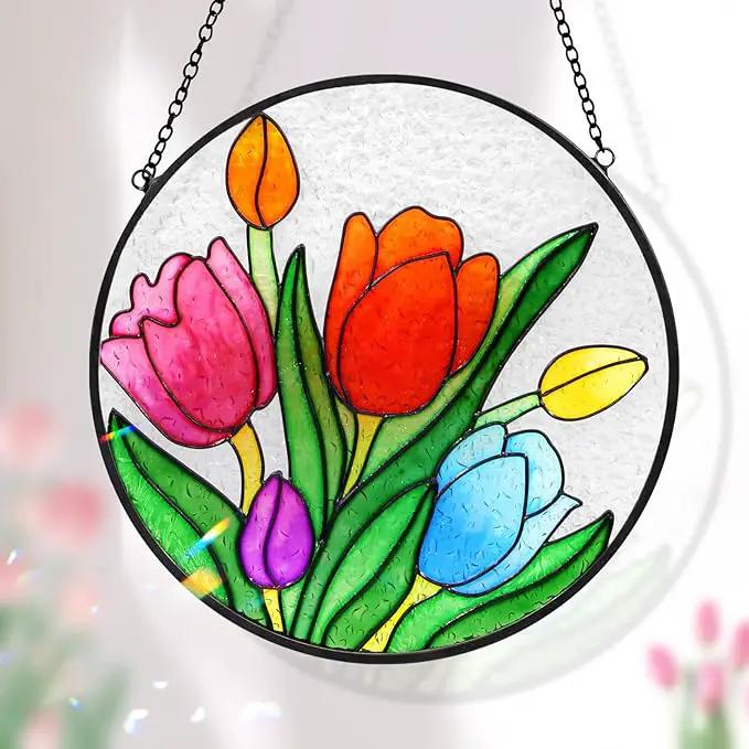 Tuitessine Tulip Suncatcher Stained Glass Window Hanging Panels, 6.3''x6.3'' Round Handmade Hanging Ornament with Chain, Garden Patio Wall Decor Flower Gift for Mom Teachers Friends by GreenHaven Gardens