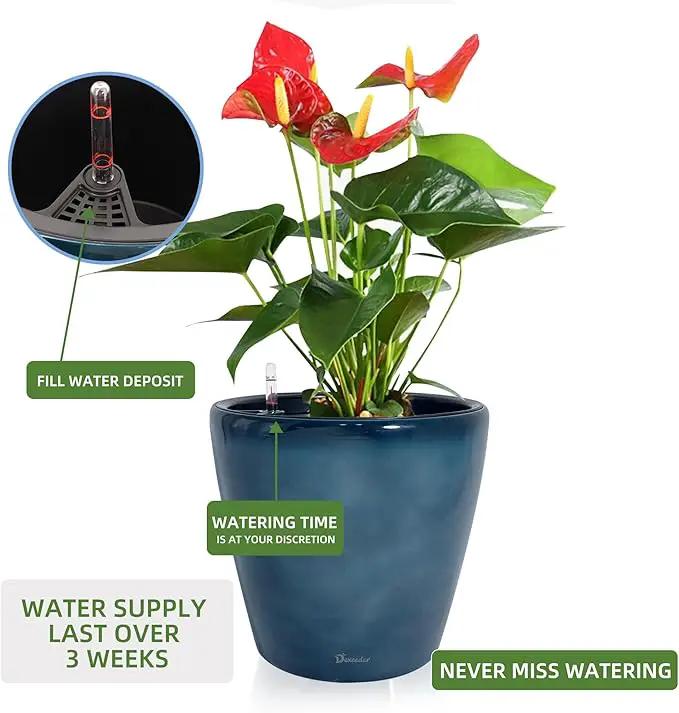 Dexceder 18x17 Self Watering Planter with Wheels Indoor Outdoor, Inner Pot Design, Thickened Large Floor Standing Flower Plant Pot with Water Level Indicator (Grayish Green Gradient) by GreenHaven Gardens
